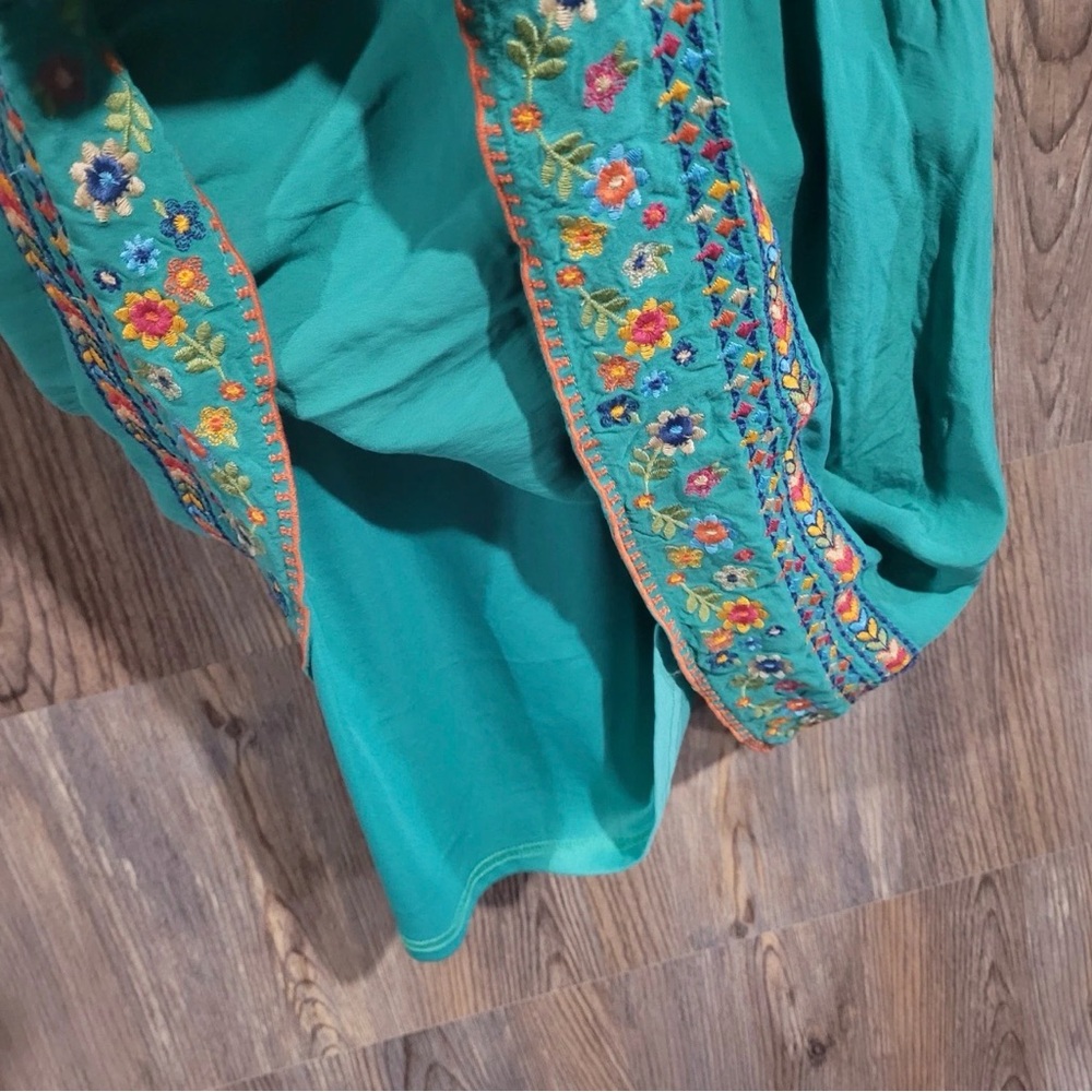 Savanna Jane Teal Embroidered V-Neck Mini Dress Lined Size L - Picture 8 of 9